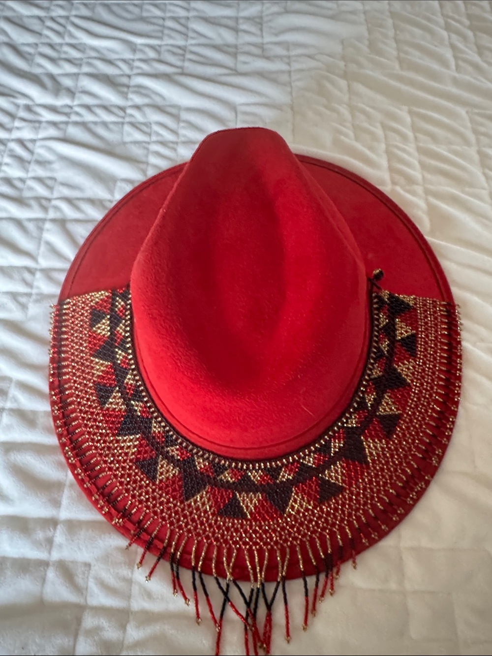 Red Beaded Wide-Brim Statement Fedora Hat
